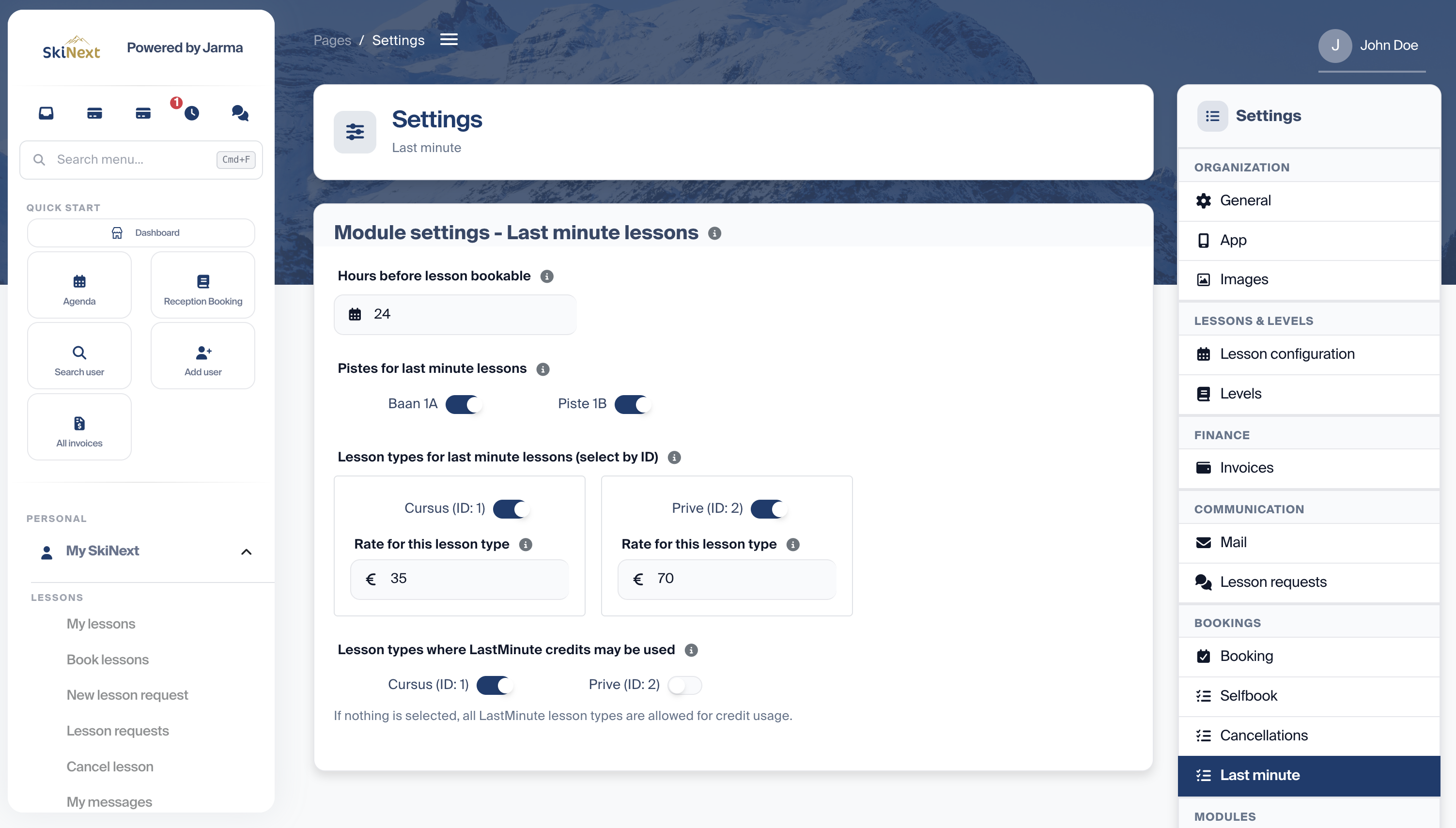 Einstellungen für Last-Minute-Kurse in SkiNext