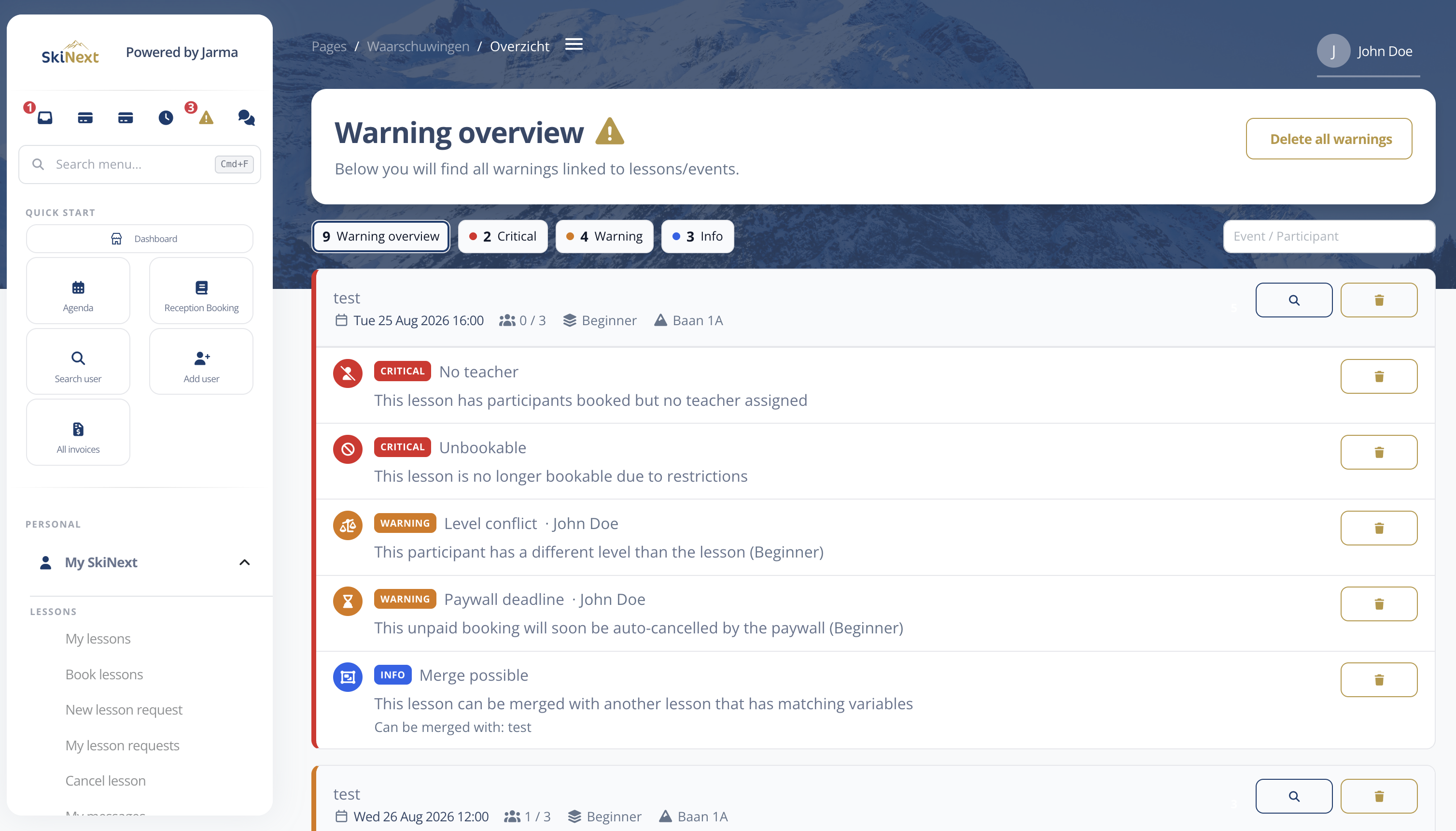 Notify Warnungsübersicht in SkiNext
